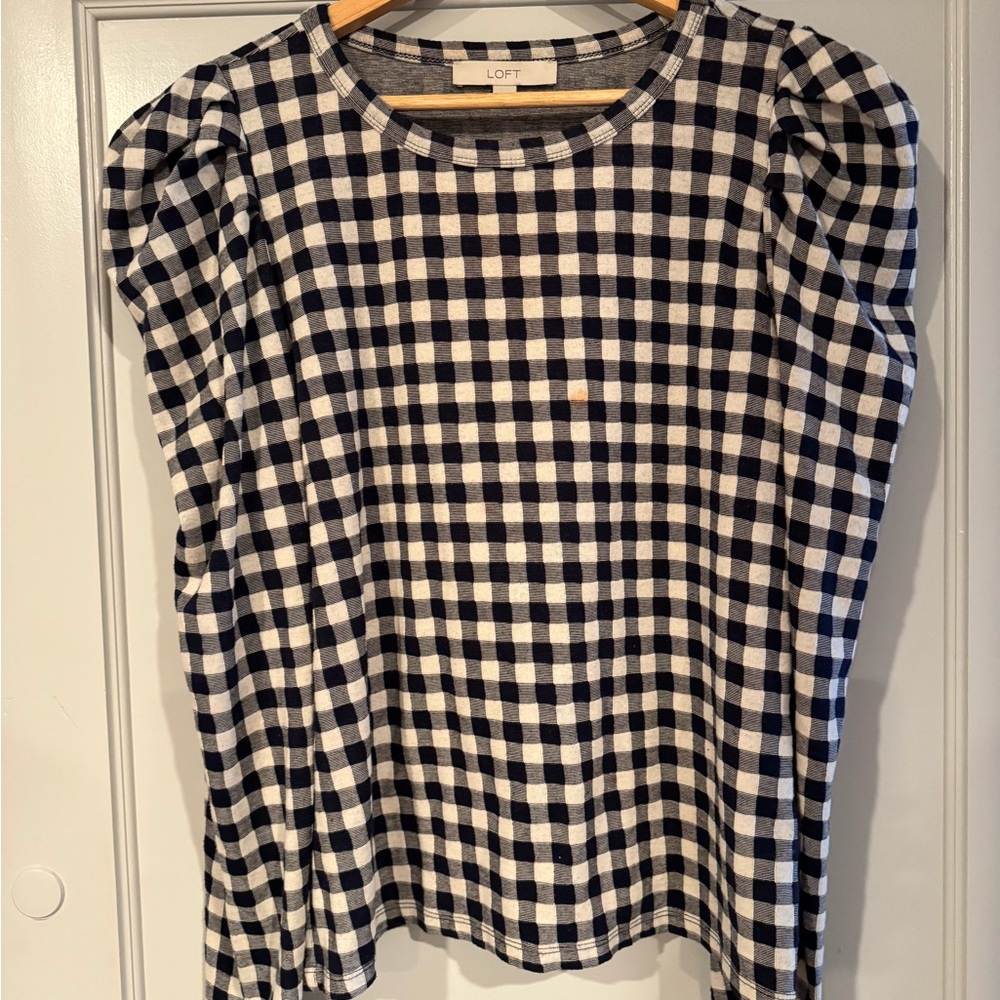 LOFT Navy and White Gingham Blouse